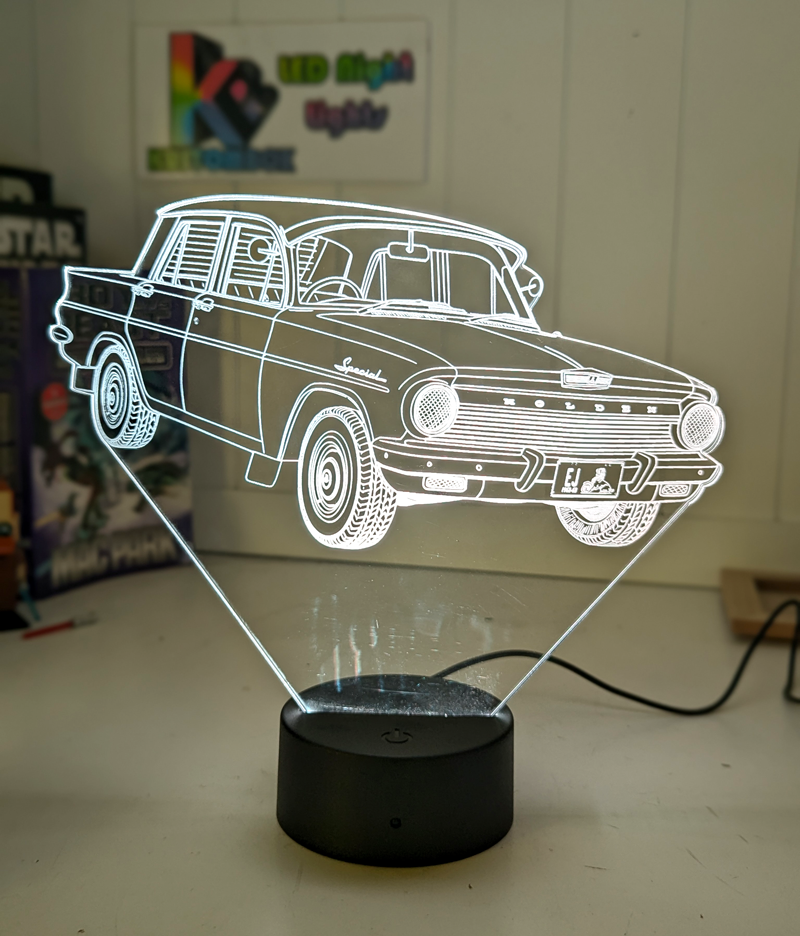 3D LED night light engraved on clear acrylic with vibrant multi-colour glow, ideal for man caves and garages.
