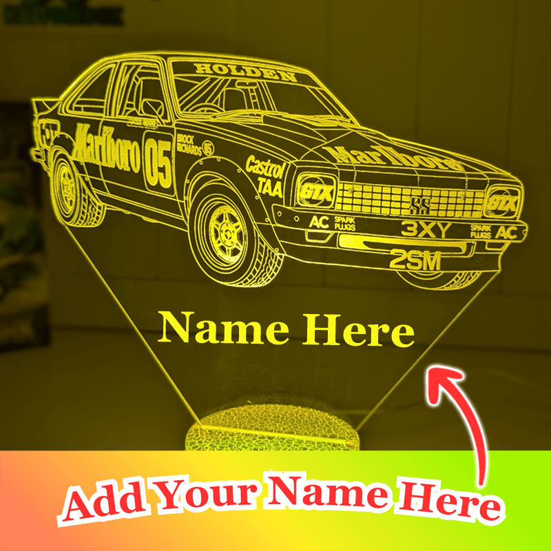 Holden SS Torana AX9 Brocks Car 3D LED lamp, retro Australian classic car light with personalised engraving and colour-changing LED base.