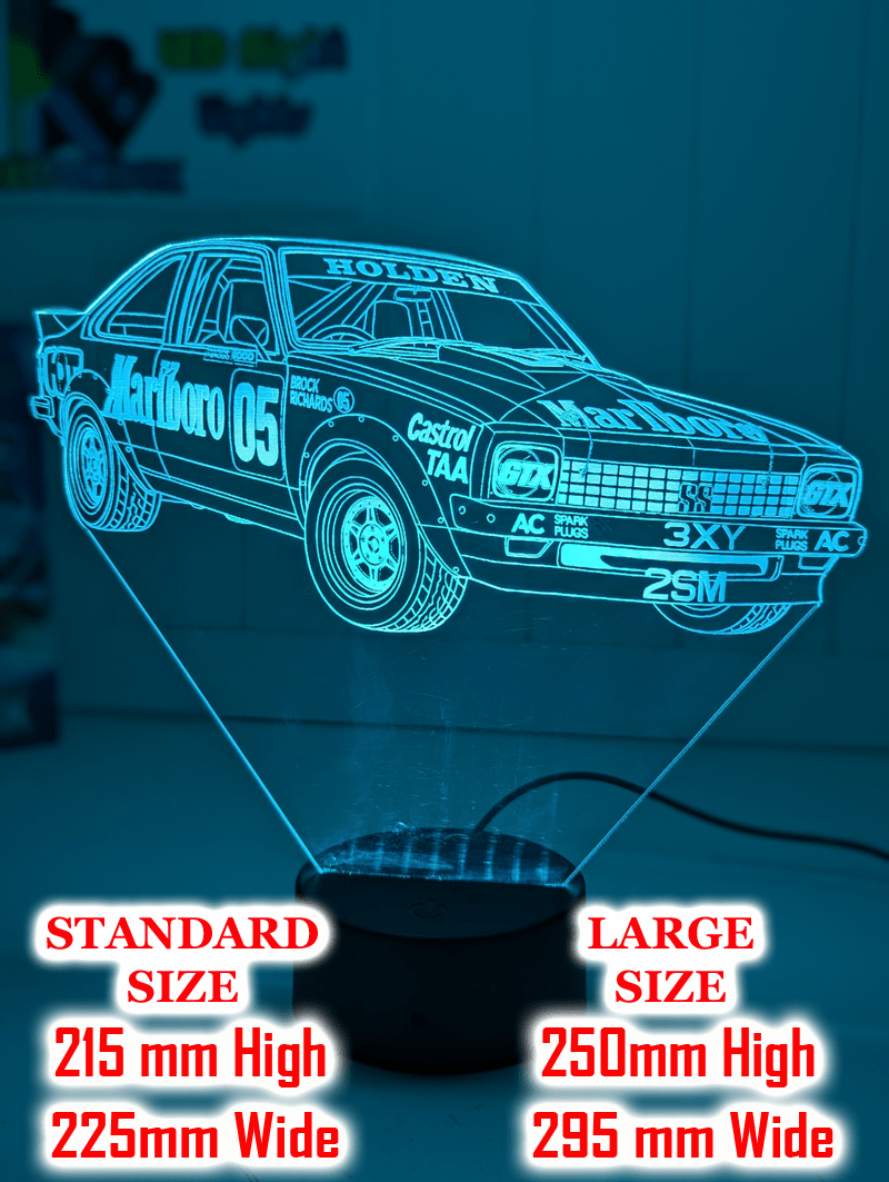 Holden SS Torana AX9 Brocks Car muscle car 3D LED night light, engraved acrylic lamp ideal for man caves or Aussie car enthusiasts.