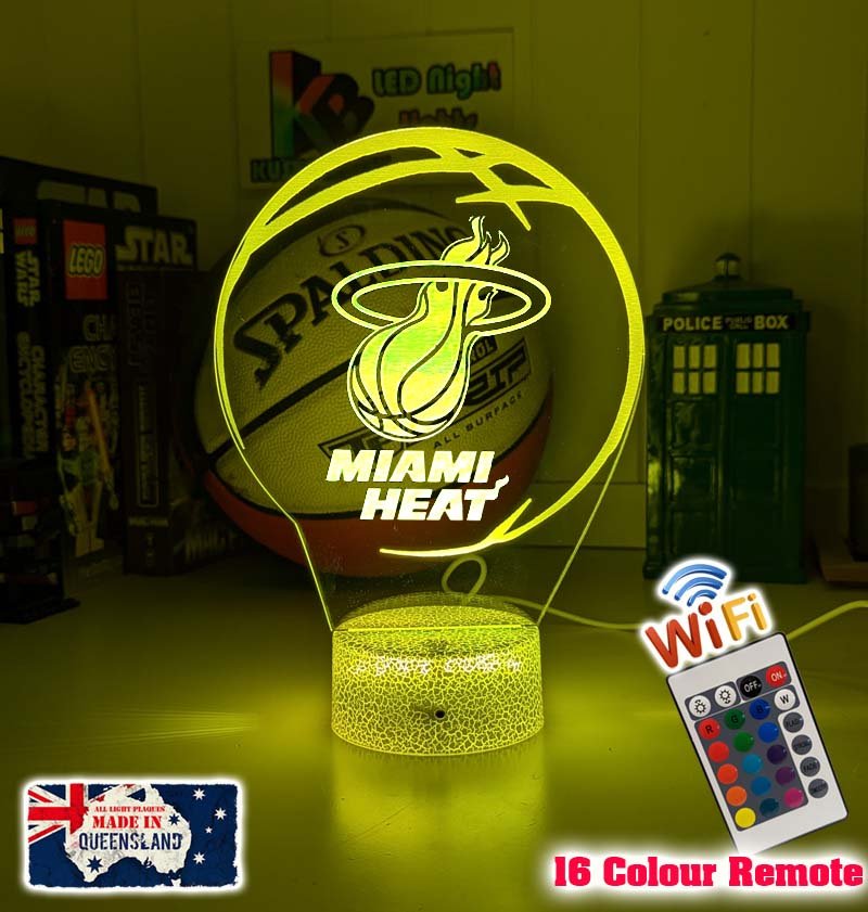 Custom Miami Heat basketball LED lamp with engraved name and multi-colour lighting