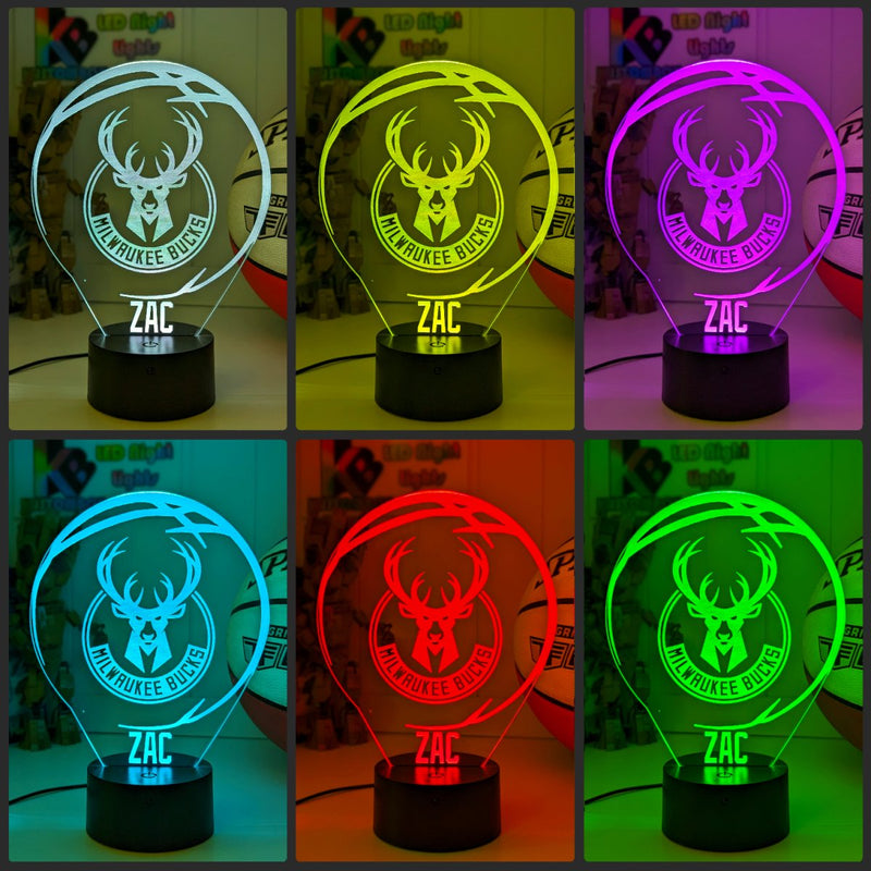 Personalised Milwaukee Bucks acrylic night light featuring team logo outline and custom engraving