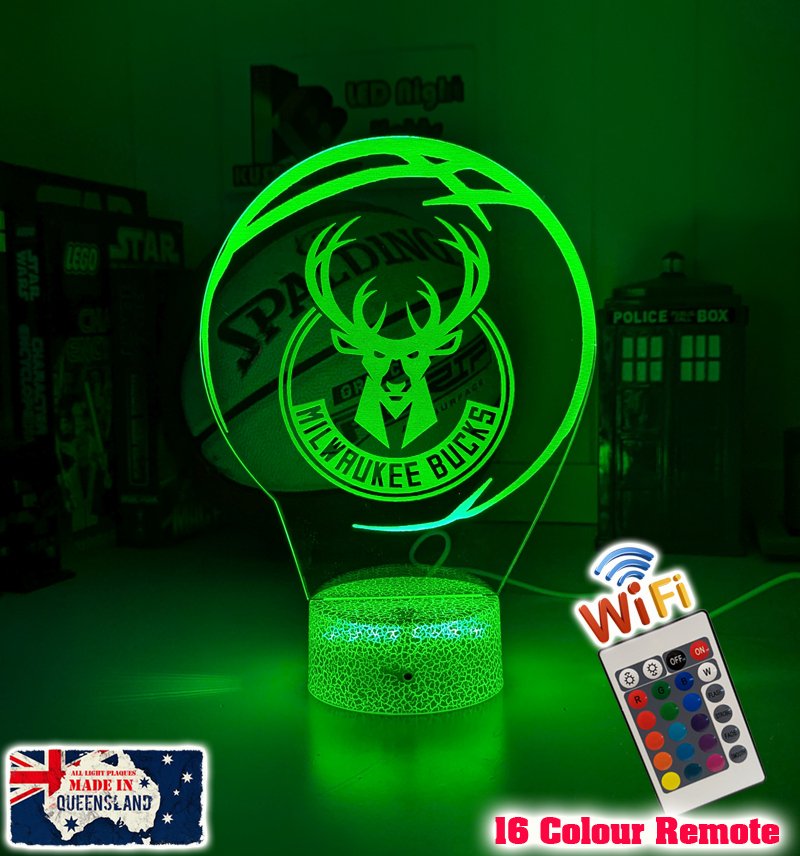 Custom Milwaukee Bucks basketball LED lamp with engraved name and multi-colour lighting