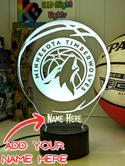 custom Minnesota Timberwolves basketball LED lamp with engraved name and multi-colour lighting