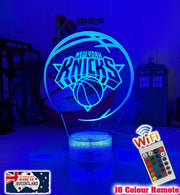 New York Knicks custom 3D LED lamp with engraved name, showing bright multi-colour glow