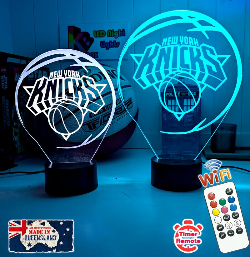 Custom New York Knicks basketball LED lamp with engraved name and multi-colour lighting