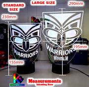 Personalised New Zealand Warriors LED night light featuring team logo outline and custom engraving. Size chart measurement 