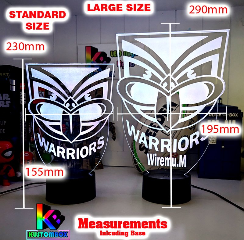 Personalised New Zealand Warriors LED night light featuring team logo outline and custom engraving. Size chart measurement 