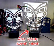 Custom New Zealand Warriors LED lamp with engraved name, multi-colour lighting for rugby league fans. Add your custom name