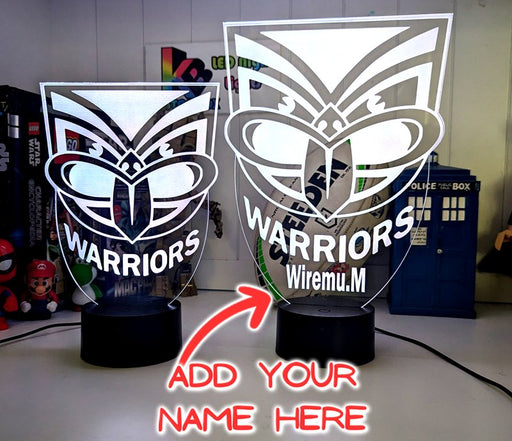 Custom New Zealand Warriors LED lamp with engraved name, multi-colour lighting for rugby league fans. Add your custom name