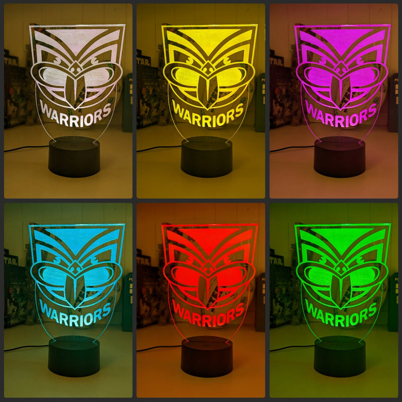 New Zealand Warriors logo 3D acrylic light with 16-colour remote, ideal NRL gift for bedroom or bar. colour collage