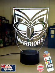 Personalised New Zealand Warriors 3D LED night light glowing in 7 colours, perfect for kids or man caves. White colour 