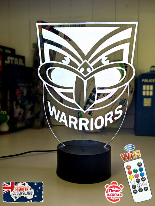 Personalised New Zealand Warriors 3D LED night light glowing in 7 colours, perfect for kids or man caves. White colour 