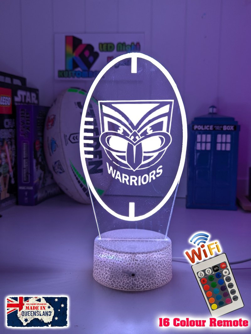 Personalised New Zealand Warriors LED night light featuring team logo outline and custom engraving, white crackle ball shape lamp 