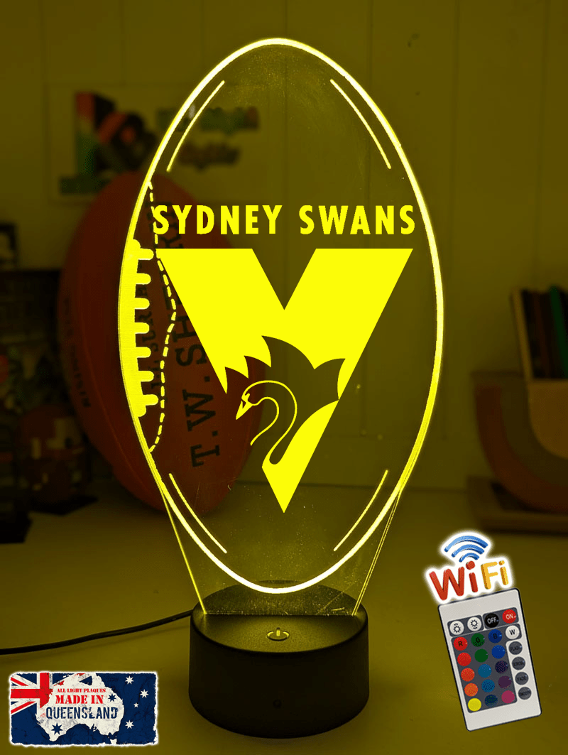 Sydney Swans 3D LED lamp with custom name and 16-colour glow.