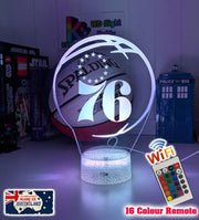 Personalised Philadelphia 76ersacrylic night light featuring team logo outline and custom engraving