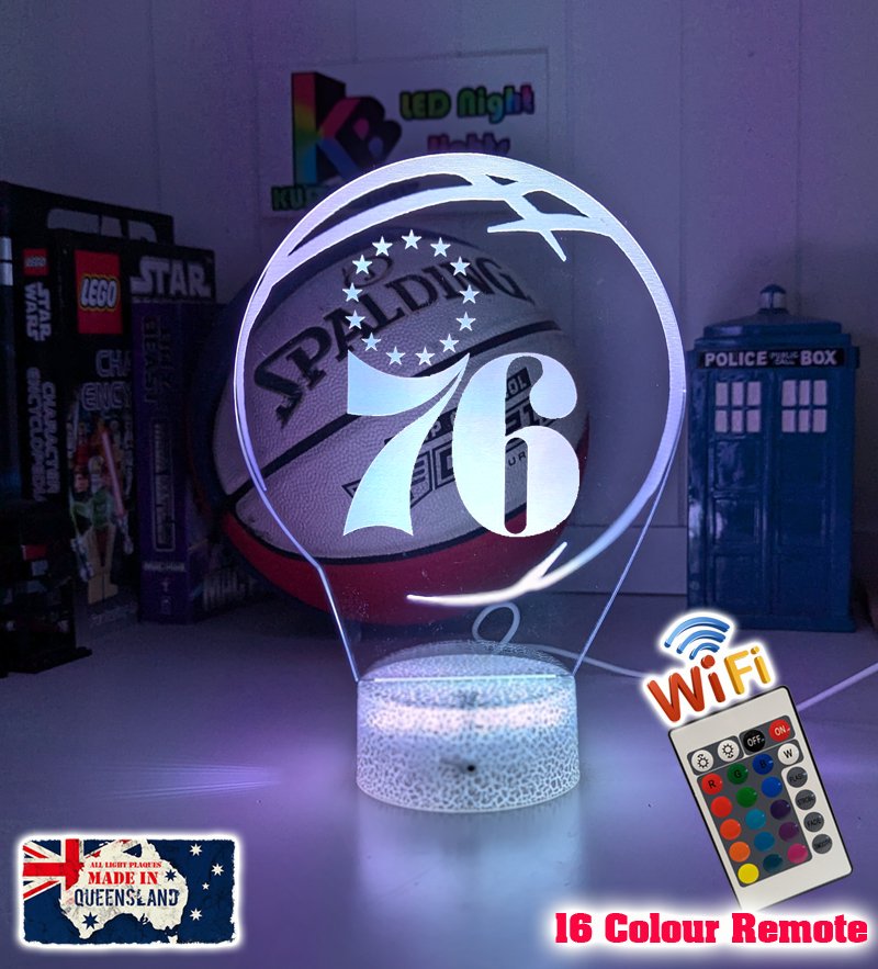 Personalised Philadelphia 76ersacrylic night light featuring team logo outline and custom engraving