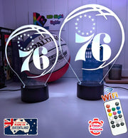Philadelphia 76erscustom 3D LED lamp with engraved name, showing bright multi-colour glow