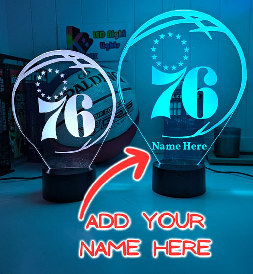Custom Philadelphia 76ersbasketball LED lamp with engraved name and multi-colour lighting