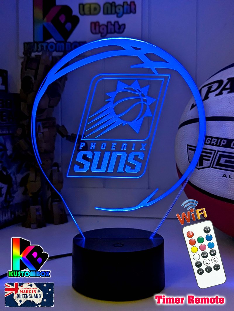 Phoenix Suns custom 3D LED lamp with engraved name, showing bright multi-colour glow