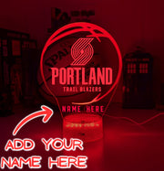 Portland Trail Blazers custom 3D LED lamp with engraved name, showing bright multi-colour glow