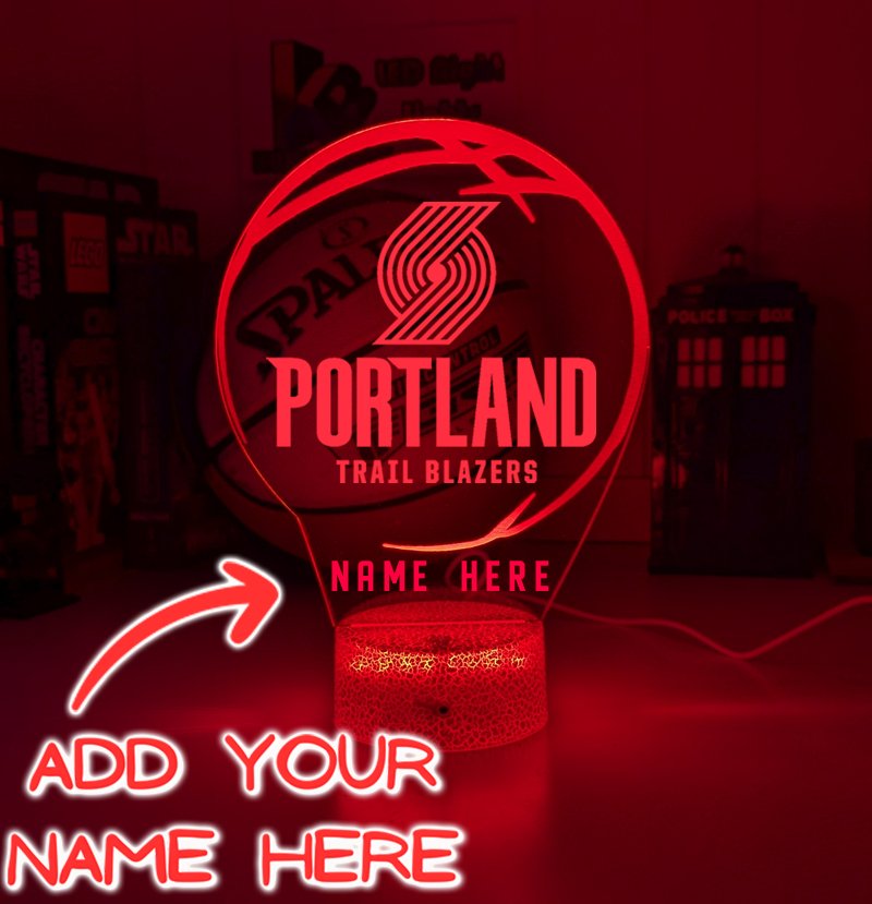 Portland Trail Blazers custom 3D LED lamp with engraved name, showing bright multi-colour glow