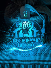 Engraved Christ the Saviour is Born LED bauble powered by rechargeable battery pod