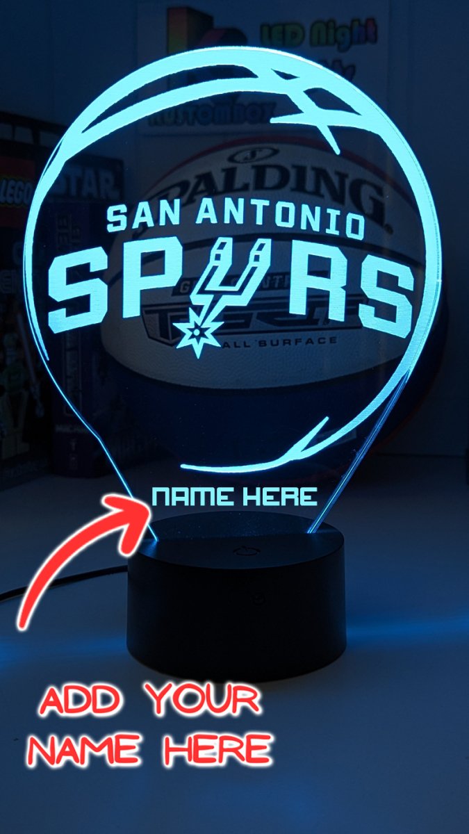 personalised San Antonio Spurs acrylic night light featuring team logo outline and custom engraving
