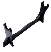 Black wooden sword stand holder with two curved prongs on a white background holder