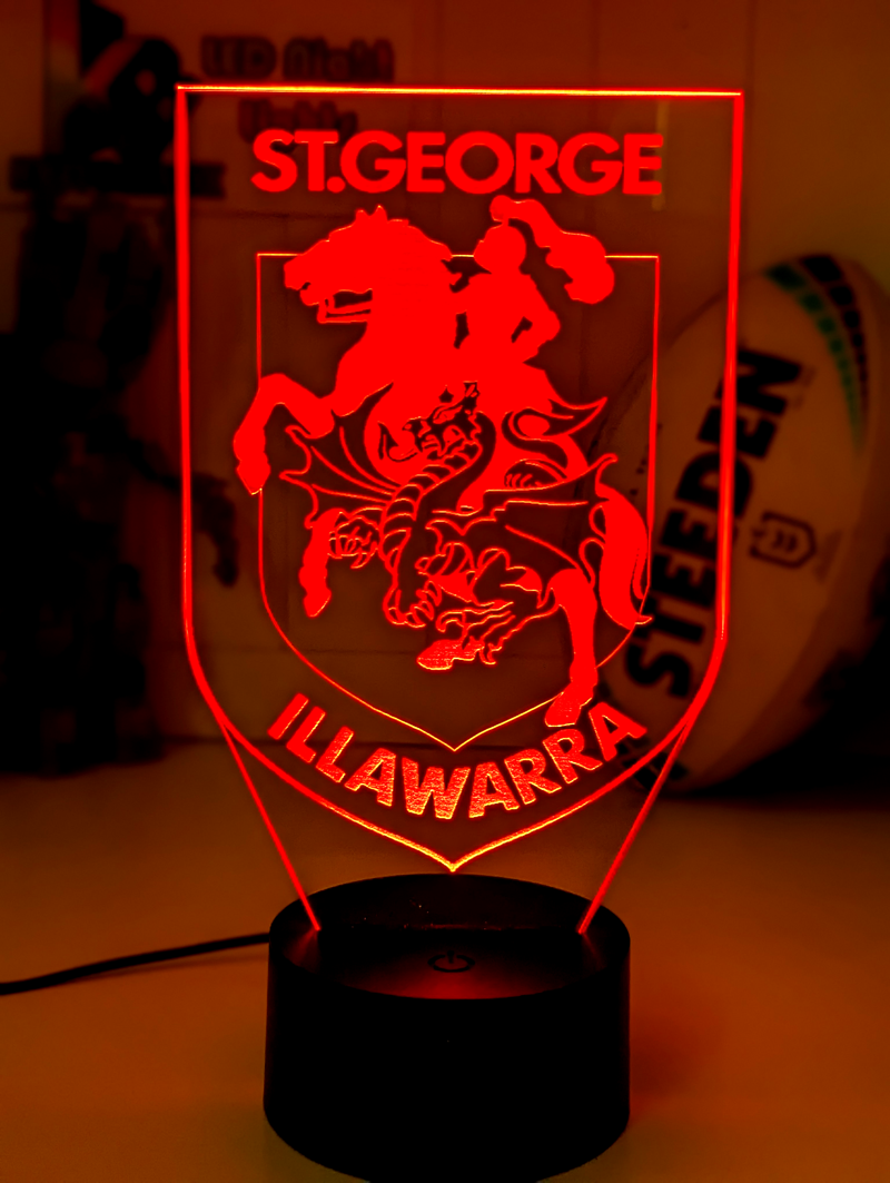 Personalised St George Illawarra Dragons 3D LED night light glowing in 16 colours, perfect for kids or man caves