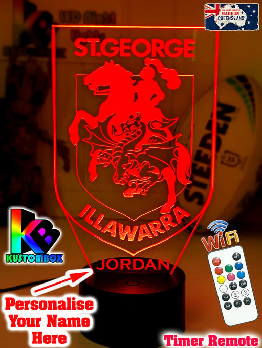 Personalised St George Illawarra Dragons 3D LED night light glowing in 16 colours, perfect for kids or man caves