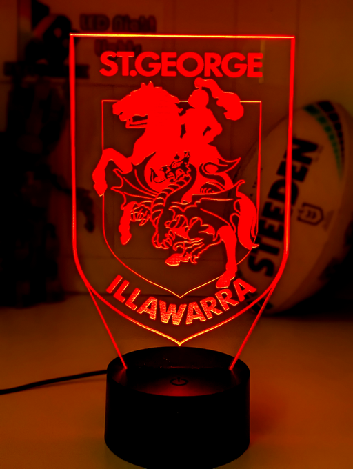 Personalised St George Illawarra Dragons 3D LED night light glowing in 16 colours, perfect for kids or man caves