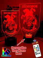 St George Illawarra Dragons logo 3D acrylic light with 16-colour remote, ideal NRL gift for bedroom or bar