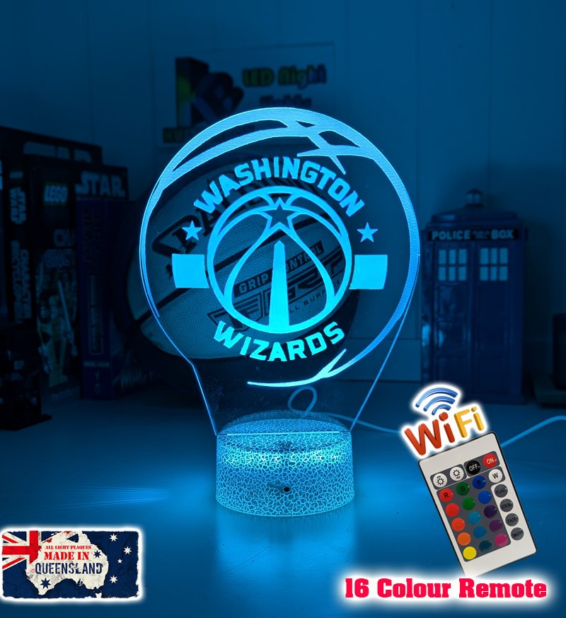 personalised Washington Wizards acrylic night light featuring team logo outline and custom engraving