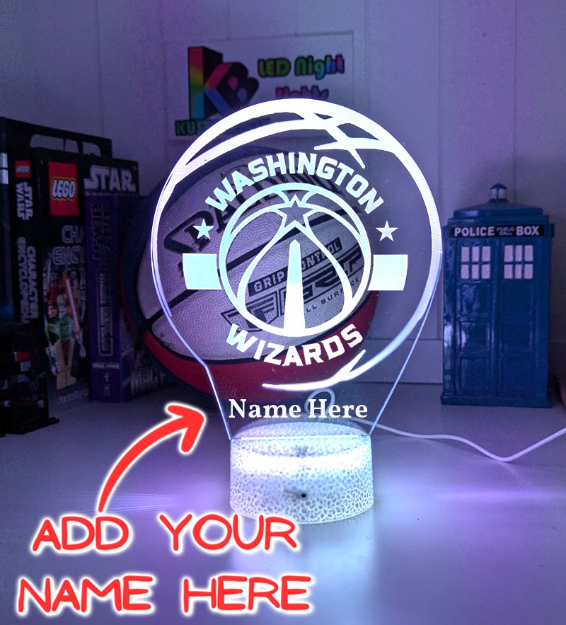  Washington Wizards custom 3D LED lamp with engraved name, showing bright multi-colour glow