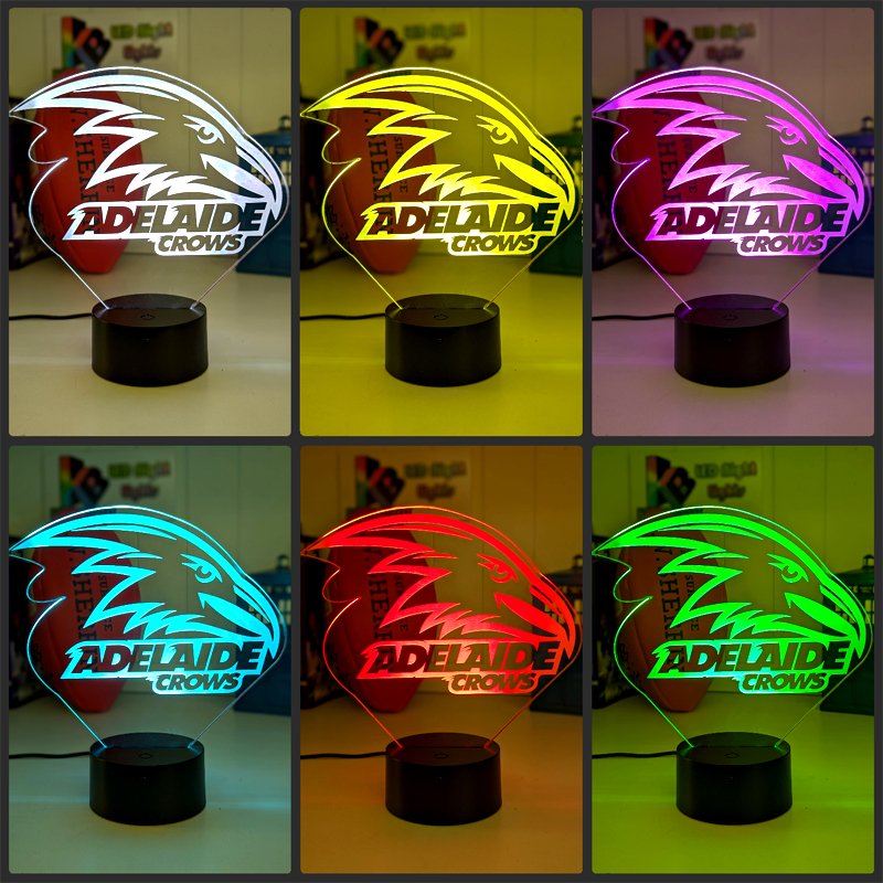 Adelaide Crows 3D LED ball light – AFL team décor for man caves, bars or fan spaces. black base collage 