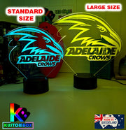 Adelaide Crows 3D LED light glowing in red, blue, green, yellow, purple, white and more. size chart comparison