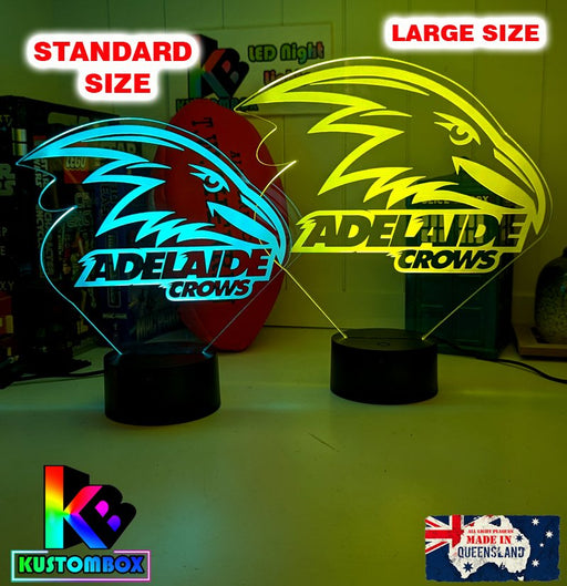Adelaide Crows 3D LED light glowing in red, blue, green, yellow, purple, white and more. size chart comparison