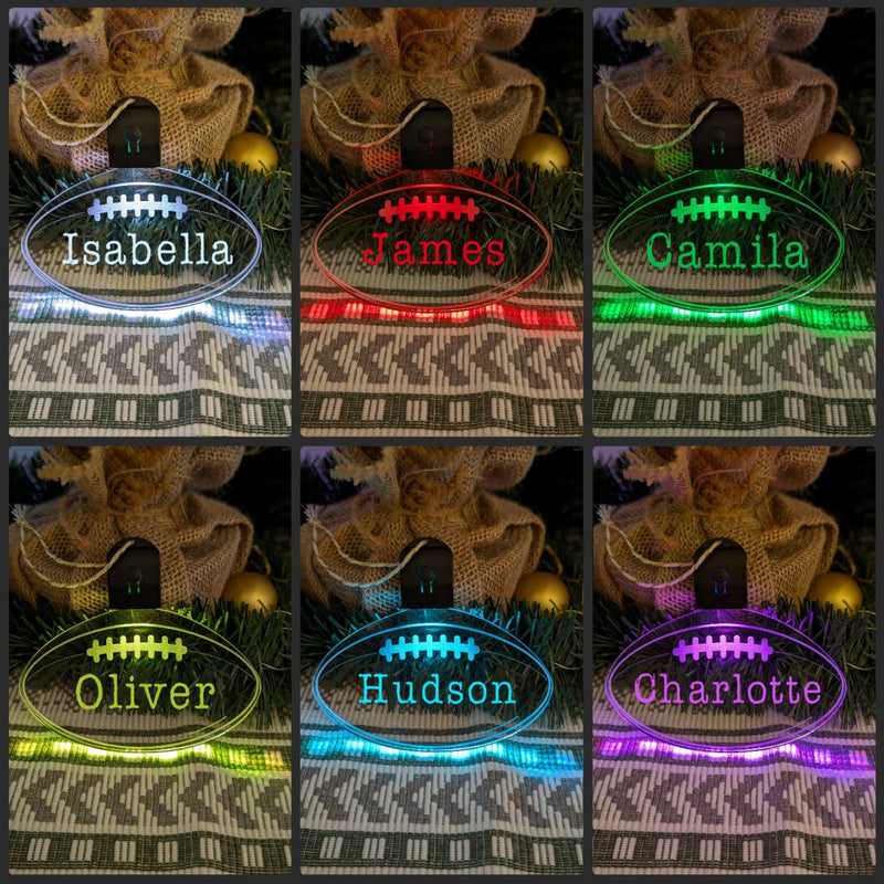 AFL Footlball Personalised Name Bauble LED Light Up Christmas Decoration colour collage 7 colours 