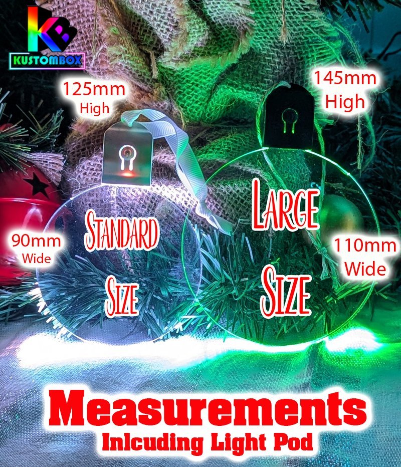 AFL Footlball Personalised Name Bauble LED Light Up Christmas Decoration size chart, large and small bauble