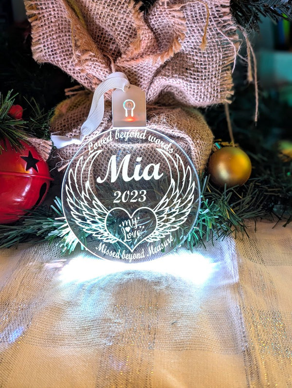 Angel Wings Christmas Personalised Name Bauble LED Hanging Decoration - KustomboxNight Lights & Ambient LightingKustomboxBauble - Standard Size