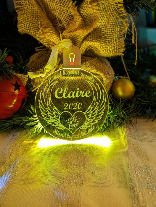 Angel Wings Christmas Personalised Name Bauble LED Hanging Decoration - KustomboxNight Lights & Ambient LightingKustomboxBauble - Standard Size