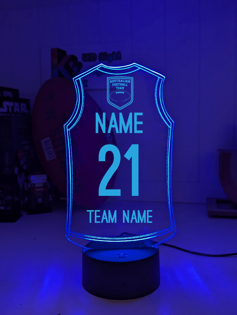 Personalised AFL inspired Jersey 3D LED lamp with 16-colour remote control – adjustable brightness and fade.