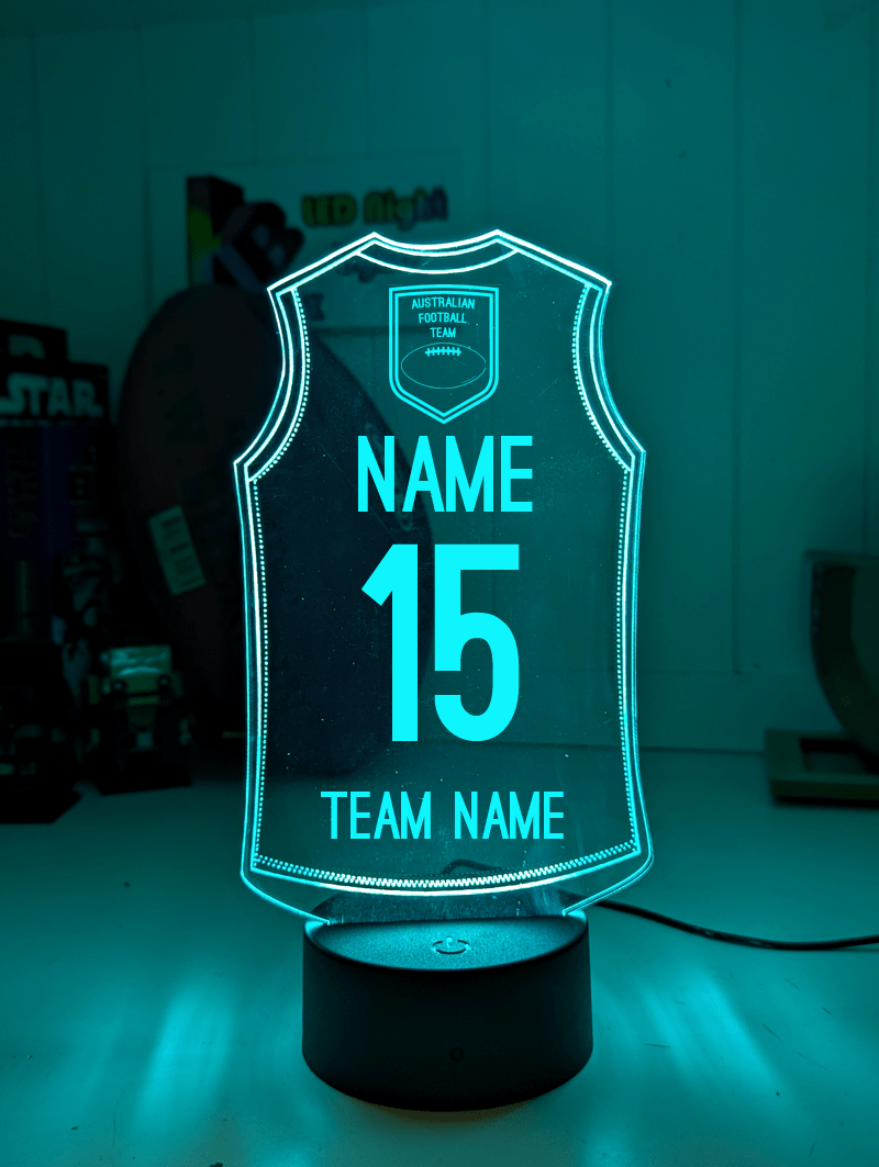 Personalised AFL inspired Jersey 3D LED night lamp in gift box – perfect personalised AFL fan gift.