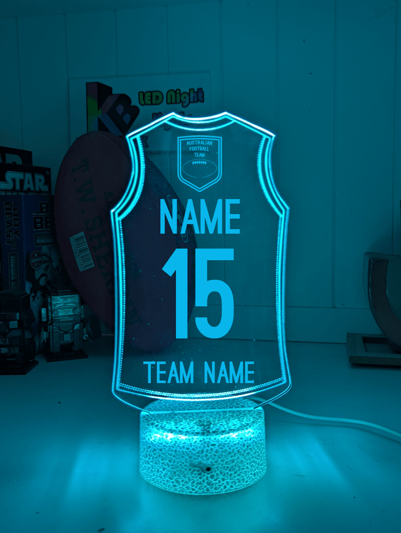 Australian Football AFL Personalised Jersey 3D LED Light Night 7 Colour Lamp white crackle base light blue colour