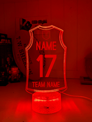 Personalised AFL inspired Jersey 3D LED light glowing in red, blue, green, yellow, purple, white and more.