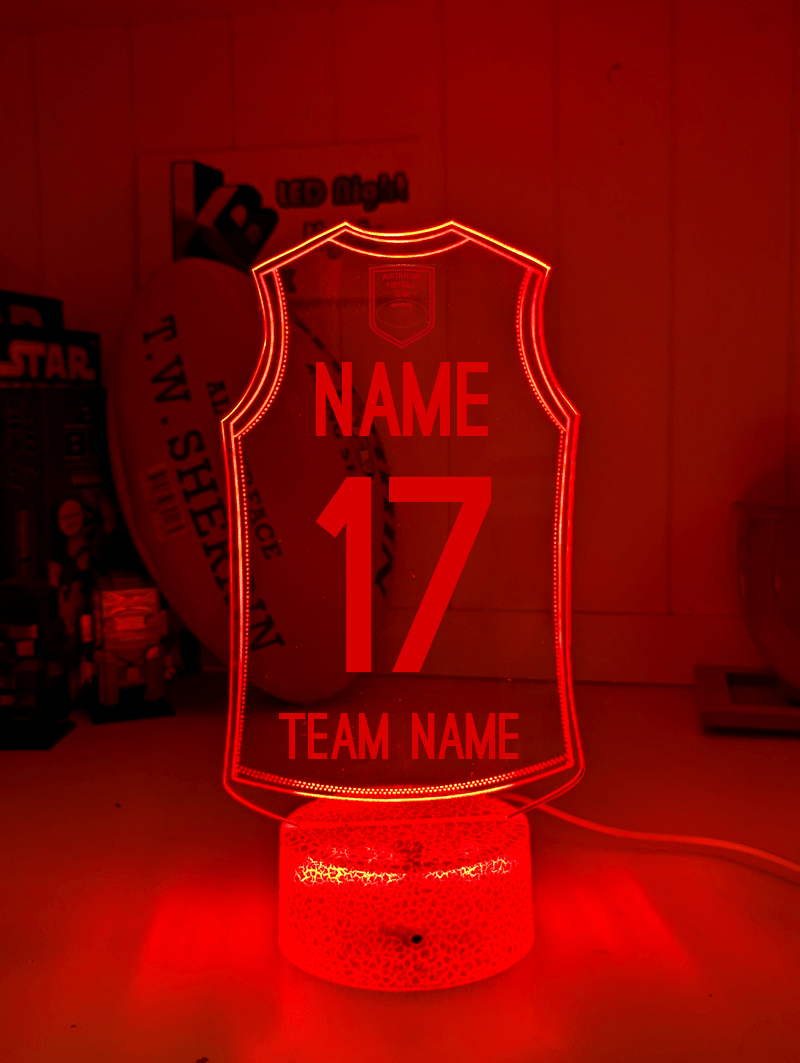 Personalised AFL inspired Jersey 3D LED light glowing in red, blue, green, yellow, purple, white and more.