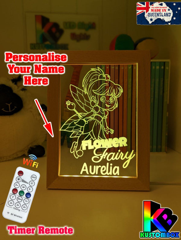 Baby Flower Fairy Personalised Name Timber Picture Frame USB 3D LED Night Light Lamp - KustomboxNight Lights & Ambient LightingKustomboxTimber Frame Light