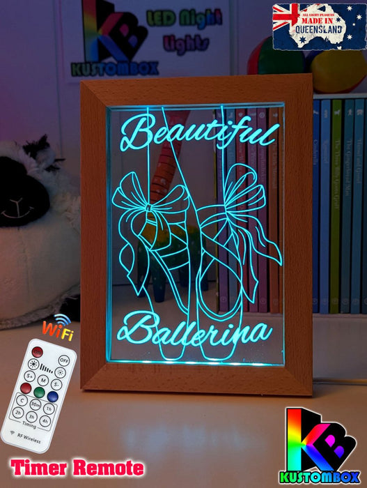 Beautiful Ballerina Shoes Personalised Timber Frame USB 3D LED Night Light Lamp - KustomboxNight Lights & Ambient LightingKustomboxTimber Frame Light