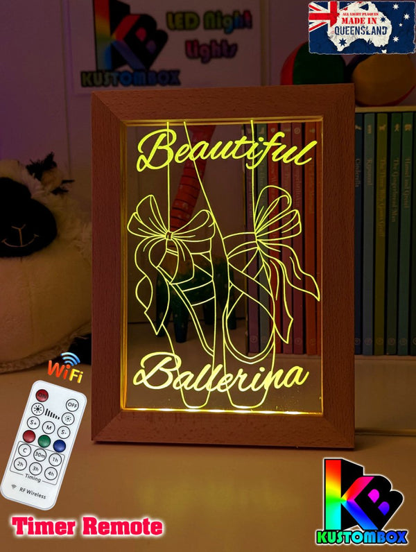 Beautiful Ballerina Shoes Personalised Timber Frame USB 3D LED Night Light Lamp - KustomboxNight Lights & Ambient LightingKustomboxTimber Frame Light