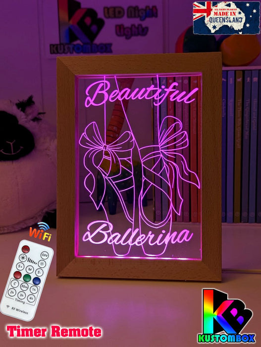 Beautiful Ballerina Shoes Personalised Timber Frame USB 3D LED Night Light Lamp - KustomboxNight Lights & Ambient LightingKustomboxTimber Frame Light
